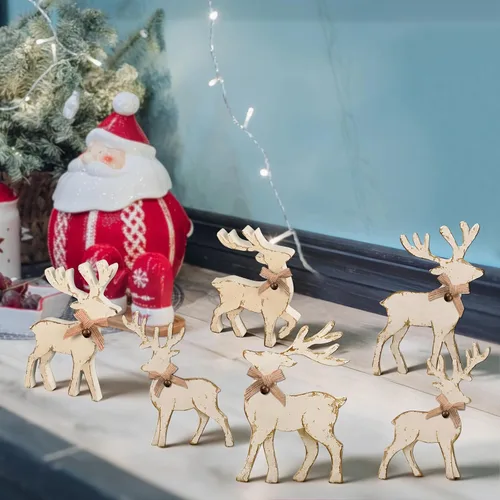 Vista 2 de Tieshankao 6 centros de mesa de madera de reno de Navidad para el hogar, bandeja escalonada de madera de ciervo de invierno para decoración de mesa