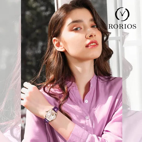 Vista 2 de RORIOS Reloj mecánico automático para mujer, reloj automático con correa de piel, luminoso, para mujer