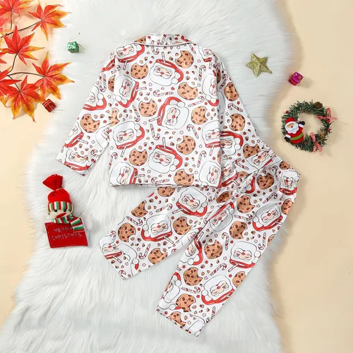Vista 2 de BULINGNA Conjunto de pijama de dos piezas de Navidad para niños y niñas pequeñas, pijama de satén con diseño de galleta de Papá Noel y pantalones