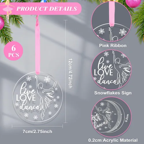 Vista 2 de Roowest 6 piezas de adorno de bailarina de ballet de Navidad, decoración redonda de bailarina, adorno colgante de acrílico con cintas rosas