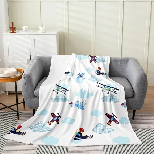 Vista 26 de Castle Fairy Manta de forro polar Sherpa con estampado de aviones para niños, manta de franela de dibujos animados para sofá, avión, azul y blanco