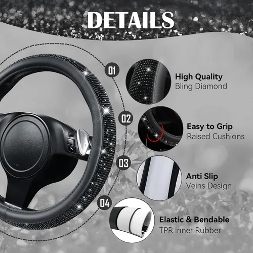 Vista 6 de CAR PASS - Funda de volante de cuero con diamantes brillantes, tapetes de piso de 36.8 cm a 38.1 cm con diamantes de imitación brillantes, alfombra