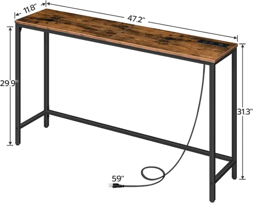Vista 3 de HOOBRO Mesa consola de 47.2 pulgadas con tomas de corriente y puertos USB, mesa de entrada estrecha para sofá con estación de carga, detrás