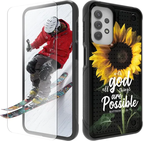 Vista 14 de Funda para Samsung Galaxy A13/A04/A04S/A23/A32 5G con protector de pantalla, parte trasera con textura de policarbonato duro, hermosa flor, diseño