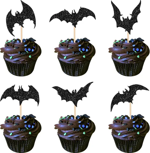 Vista 24 de Paquete de 24 adornos para cupcakes de Halloween con purpurina rosa, fantasma, pequeño abucheo, murciélago, bruja, gato, calabaza, magdalena