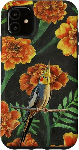 Vista 5 de iPhone 15 Cockatiel Orange Yellow Marigolds Vintage Flower Pattern Case