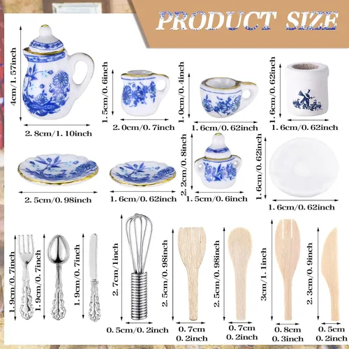 Vista 3 de Zhanmai Juego de 47 tazas de té de porcelana en miniatura, ollas y sartenes de metal incluyen 16 mini platos de muñeca, cuchillo tenedor, cuchara