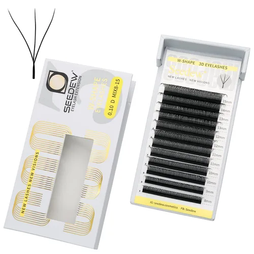 Vista 10 de Extensiones de pestañas 3D, rizo LU/M de 0.003 in, MIX8-0.591 in, 12 filas por bandeja, tallo plano en forma de W, injerto de pestañas natural PBT