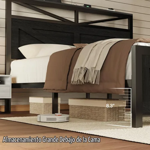 Vista 6 de Marco de cama rústico de tamaño completo con cabecera de puerta de granero y almacenamiento, marco de cama LED estilo granja de tamaño completo