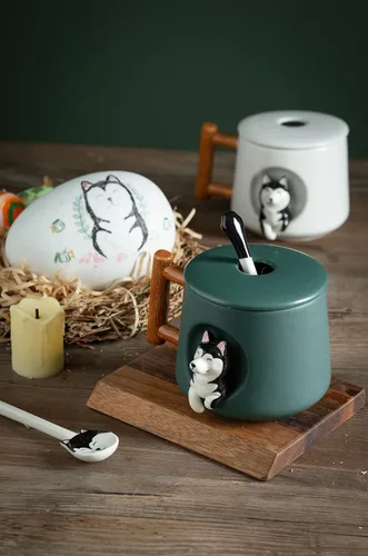 Vista 6 de DIHOclub Taza de café de cerámica con tapa y cuchara a juego, taza novedosa 3D con patrón de Husky para té, leche, chocolate, jugo, taza linda