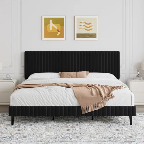 Vista 13 de BarnFurin Marco de Cama Individual, Cama Plataforma Tapizada en Terciopelo con Cabecero y Pie de Cama con Canales Verticales Acolchados, No Requiere