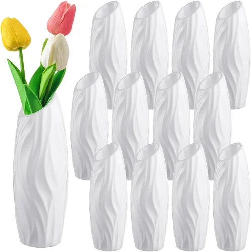 Vista 8 de Hoolerry 12 jarrones de flores blancas a granel para centros de mesa, florero blanco de plástico para flores, jarrón decorativo alto irrompible