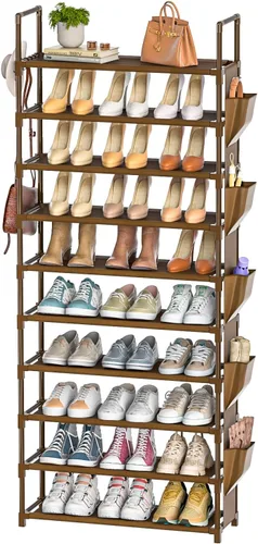 Vista 11 de Zapatero Alto de 10 Niveles Organizador de Zapatos de 10 Niveles para Armario, Estante de Zapatos de Metal con Almacenamiento, Torre de Zapatero
