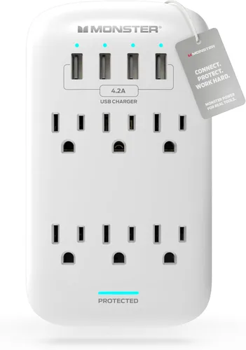 Vista 8 de Monster Protector de sobretensiones de enchufe de pared de 6 tomas, 1200 julios, extensor de toma de pared con 1 puerto de carga USB-A y 1 puerto