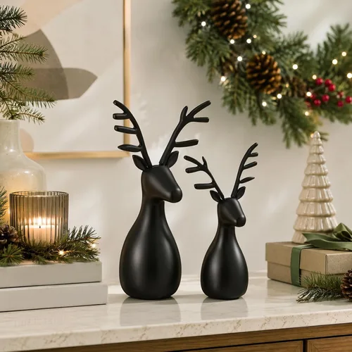 Vista 8 de 2 piezas de decoración moderna de Navidad, decoración neutral de Navidad de renos, estatuas de ciervos de resina, figuras de renos, estatuas
