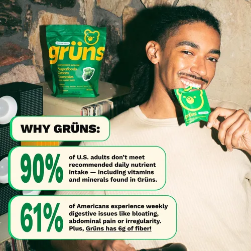 Vista 9 de Gruns - Gomitas Super Greens para Adultos, Ositos de Goma Multivitamínicos de Superalimentos, Espirulina, Clorela, Prebióticos y Gomitas de Fibra