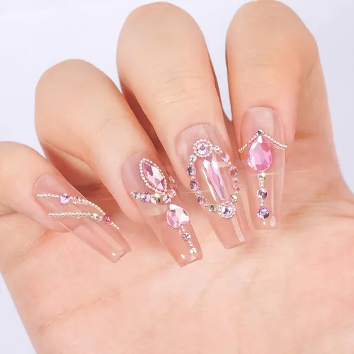 Vista 4 de Kit de diamantes de imitación de cristal 3D rosa claro multiformas para uñas, mezcla de 0.031 in, cuentas redondas plateadas para uñas, gemas