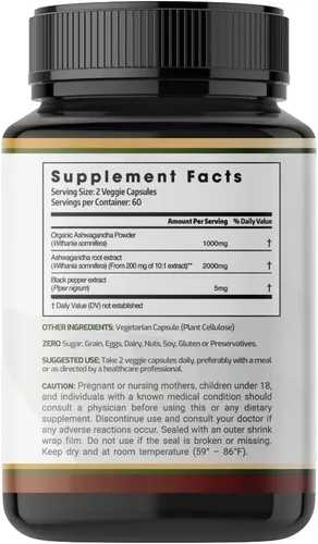 Vista 2 de Ashwagandha Cápsulas 3,000 mg - 120 cápsulas veganas hechas con polvo de Ashwagandha orgánico y extracto de raíz. Sin gluten. Fabricado en Estados
