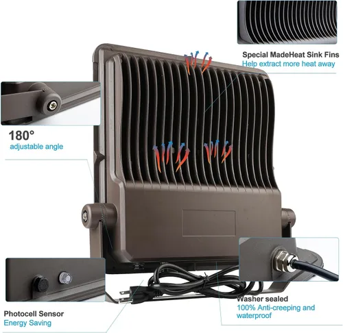 Vista 6 de Luz de inundación LED de 200 W para exteriores, 30000 lm, luz de estadio LED con fotocélula del anochecer al amanecer, IP65 AC100-277V iluminación