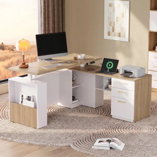 Vista 10 de ModernMate - Escritorio de pie de 63" con gabinete de archivos, panel de privacidad, AC/USB, escritorio ejecutivo de 1.18" de altura ajustable