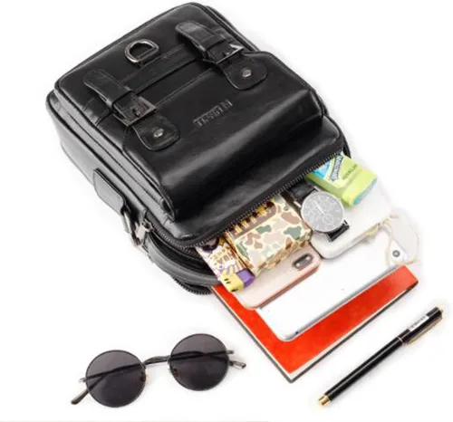 Vista 8 de Hebetag Bolso bandolera de cuero pequeño para hombre, para viajes al aire libre, negocios