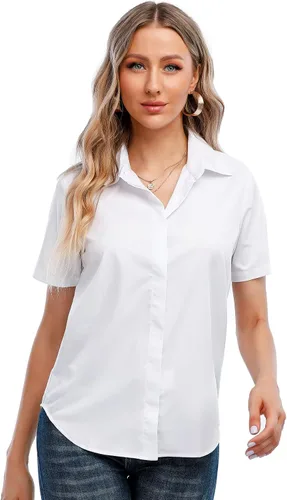 Vista 10 de SUNNOW Camisas de manga corta con botones para mujer, básicas, simples, elásticas, sin arrugas, blusas formales de trabajo