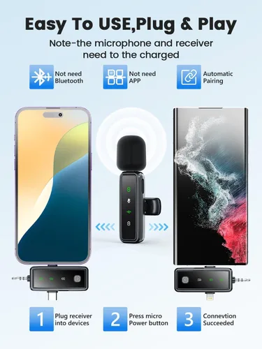 Vista 3 de Micrófonos Lavalier inalámbricos 3 en 1 para iPhone/Android/cámara, paquete de 2 mini micrófonos con pantalla LED, micrófono omnidireccional