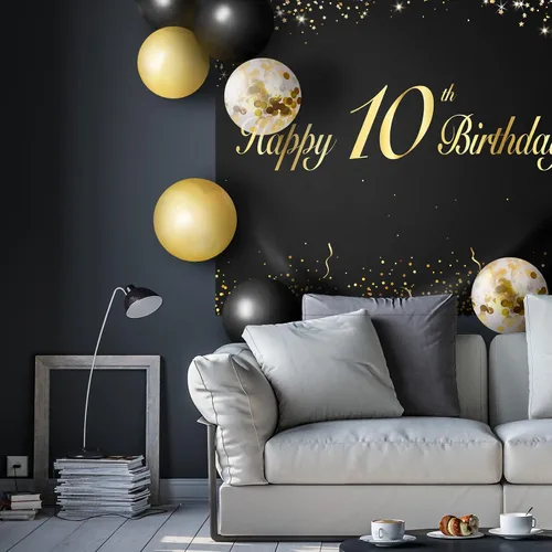Vista 7 de Globos de Feliz 10 Cumpleaños Negros Set Decor - Saludos a la Fiesta de 10 Años de Edad, Guirnalda, Bandera, Telón de Fondo, Decoraciones