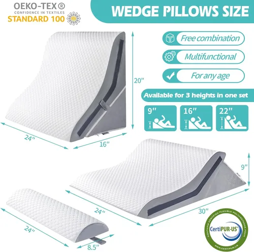 Vista 7 de Almohada de cuña para dormir, juego de almohada ortopédica de cuña de cama, almohadas de cuña de espuma viscoelástica ajustables 15 en 1 después