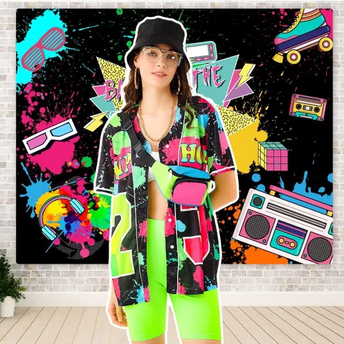 Vista 5 de Traje de los años 80 y 90 para mujer, camiseta de béisbol, pantalones cortos, riñonera, disfraz de fiesta retro, accesorios de representante