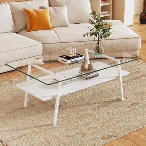 Vista 11 de IANIYA - Mesa de centro moderna de cristal, mesa de centro pequeña de mediados de siglo, mesa de centro para sala de estar con estantes de madera