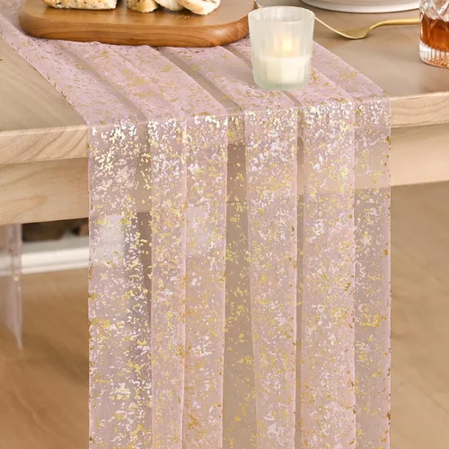 Vista 18 de Artoid Mode Camino de mesa de gasa color beige dorado de 120 pulgadas, 10 pies, lámina metálica con purpurina transparente para comedor, boda