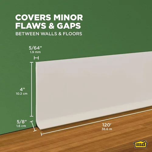 Vista 2 de M-D Building Products Base de pared de vinilo con parte trasera seca de 4 pulgadas x 120 pies, ribete de vinilo flexible con parte trasera seca