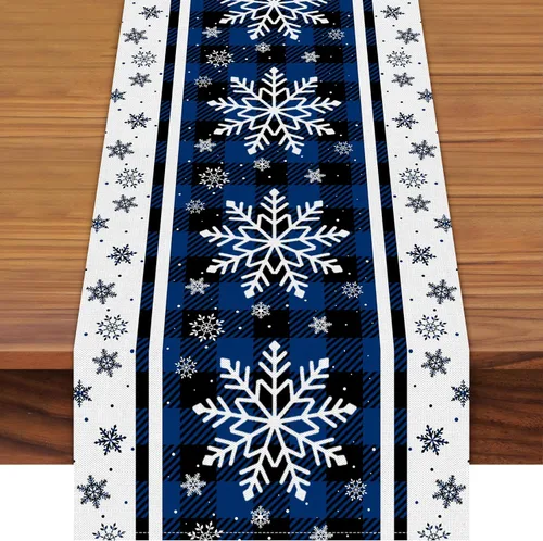 Vista 11 de Camino de mesa navideño de 72 x 13 pulgadas, diseño de adorno rojo con flor de pascua, ramas de pino y patrón de copo de nieve para cocina, mesa