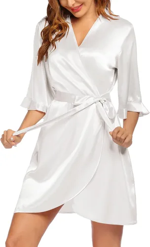 Vista 2 de Ekouaer Bata de satén para mujer, lencería de San Valentín para mujer, kimono, bata corta con volantes, cinturón, ropa de dormir para damas de honor
