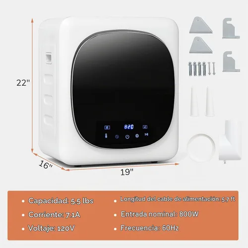 Vista 5 de COSTWAY Secadora portátil de ropa, máquina compacta de secado de 1.5 pies cúbicos con tambor de acero inoxidable y panel táctil LED, secadora