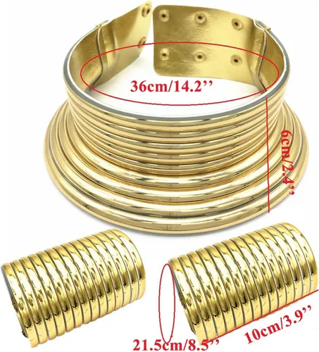 Vista 3 de Gargantilla africana de cuero dorado, collar de cuello largo tribal nacional, collar grueso, joyería para mujeres y niñas, juego de joyas para niñas