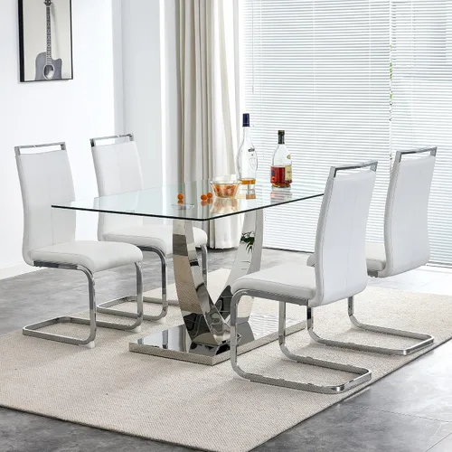 Vista 7 de Mesa de comedor moderna de vidrio de 63 pulgadas para 4-6, mesa de comedor rectangular de vidrio con vidrio templado de 0.39 pulgadas y base