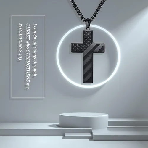 Vista 3 de Regalos para adolescentes y novios, cadena negra de bandera estadounidense para hombre, collar con colgante de cruz para hombre, regalos
