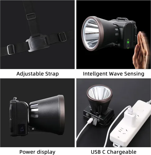 Vista 7 de Linterna de cabeza superbrillante Amkulop, linterna de cabeza recargable USB C con pantalla LCD de potencia, faro impermeable para la frente, sensor