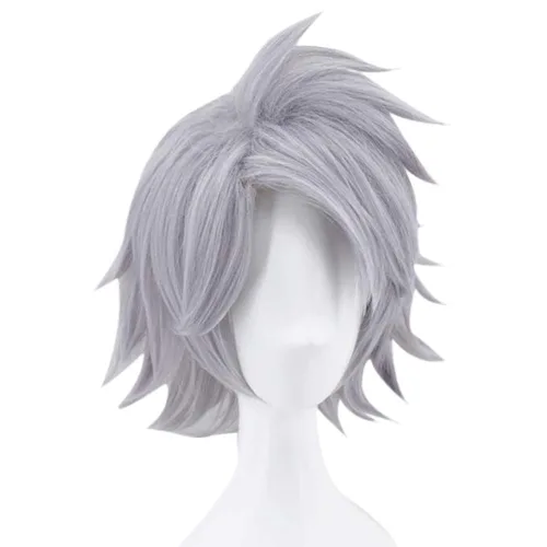 Vista 2 de ANOGOL Hair Cap + Peluca gris para hombres, peluca corta ondulada para cosplay, pelucas de pelo sintético para mujeres, niñas, hombres y niños