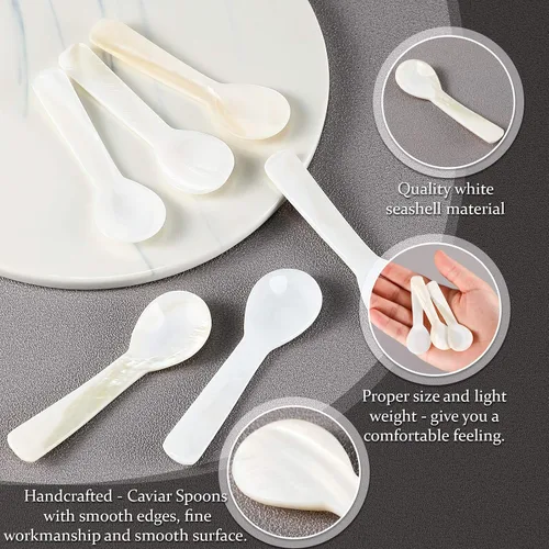 Vista 6 de Cucharas de Caviar de Nácar Cucharas MOP con Artesanía Manual con Mango Redondo para Caviar, Huevo, Helado, Sal, Servir Café, Juego de Servir