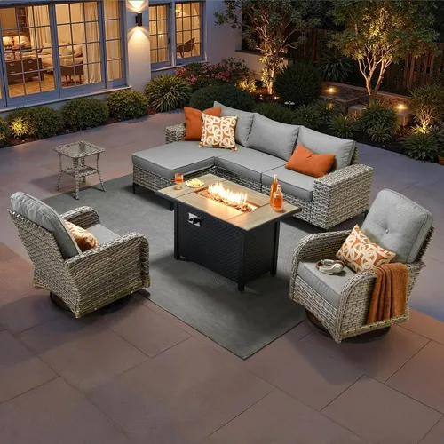 Vista 18 de HOOOWOOO Juego de muebles de patio de 5 piezas, sofá modular en forma de L para exteriores con mesa solar, mimbre PE para todo tipo de clima, sofá