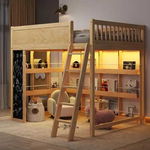 Vista 13 de SOFTSEA Twin Size Loft Bed with LED Lights & Storage Shelves, Antique White