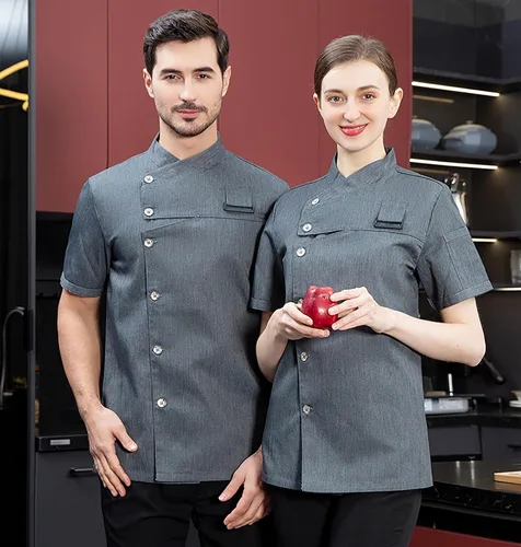 Vista 5 de Chaqueta de chef de moda para hombre, transpirable, con ventilación oculta, uniforme de chef (abrigo + delantal)