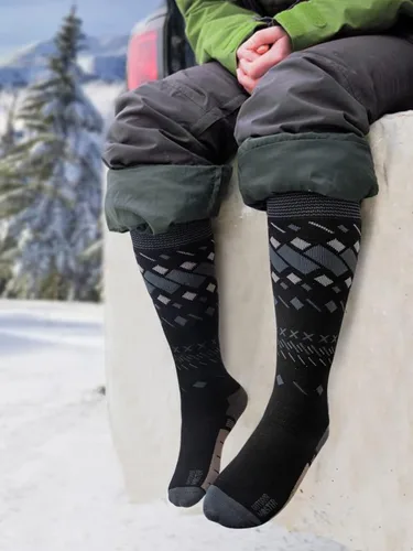 Vista 7 de OutdoorMaster Calcetines de esquí unisex, calcetines de esquí y snowboard para hombres y mujeres con diseño sobre la pantorrillapuño antideslizante
