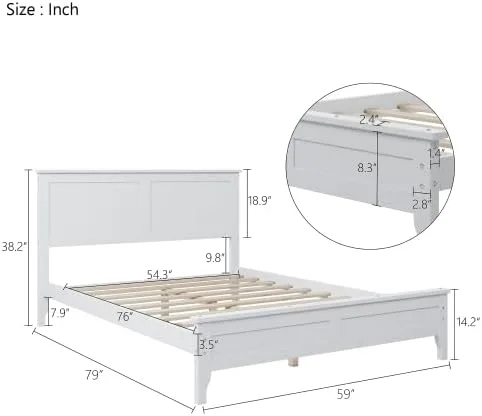 Vista 2 de Majnesvon Cama de plataforma de tamaño matrimonial con cabecera y estribo, cama de plataforma de madera maciza blanca de estilo conciso tradicional