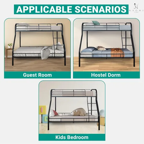Vista 8 de Naomi Home Litera de metal individual sobre tamaño matrimonial con barandillas de seguridad, capacidad de 800 libras, escalera en ángulo, Negro