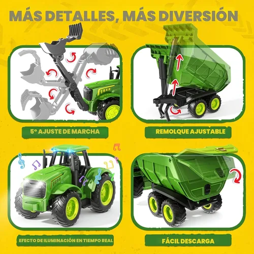 Vista 3 de Funwee Juego de juguete de tractor de granja RC con cargador, remolque y Verde brillante