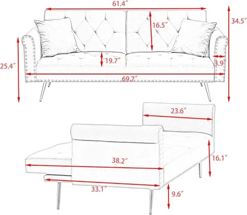 Vista 2 de Sofá cama tapizado de terciopelo, sofá cama convertible con dos almohadas para sala de estar, dormitorio, oficina en casa (beige)